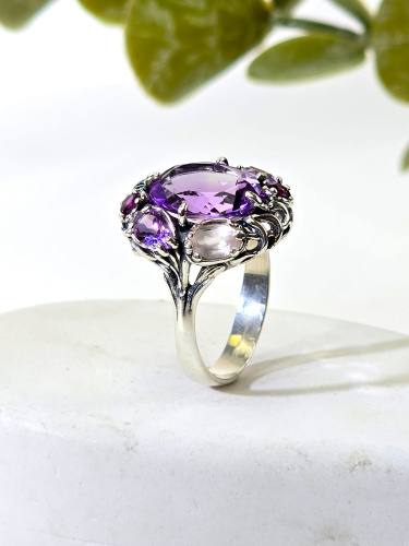 Серебряное кольцо ETERI с аметистом, турмалином и розовым кварцем